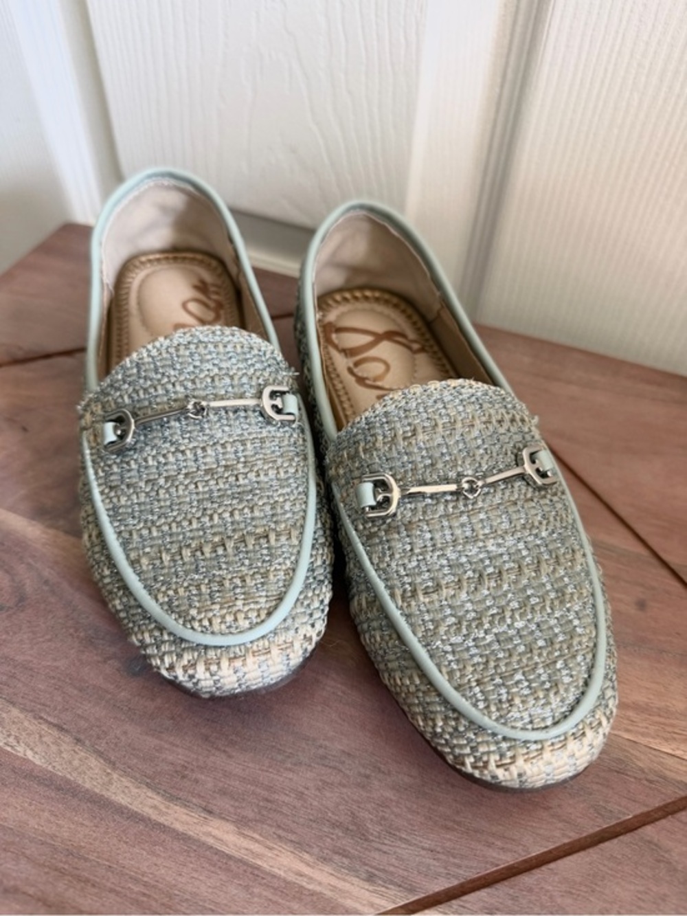 Girls Sam Edelman Tweed Loafers in Light Sage and Cream